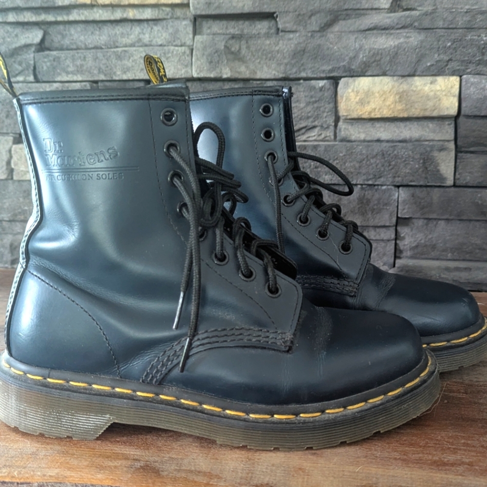 Dr. Martens Blue Combat Boots with Yellow Stitching